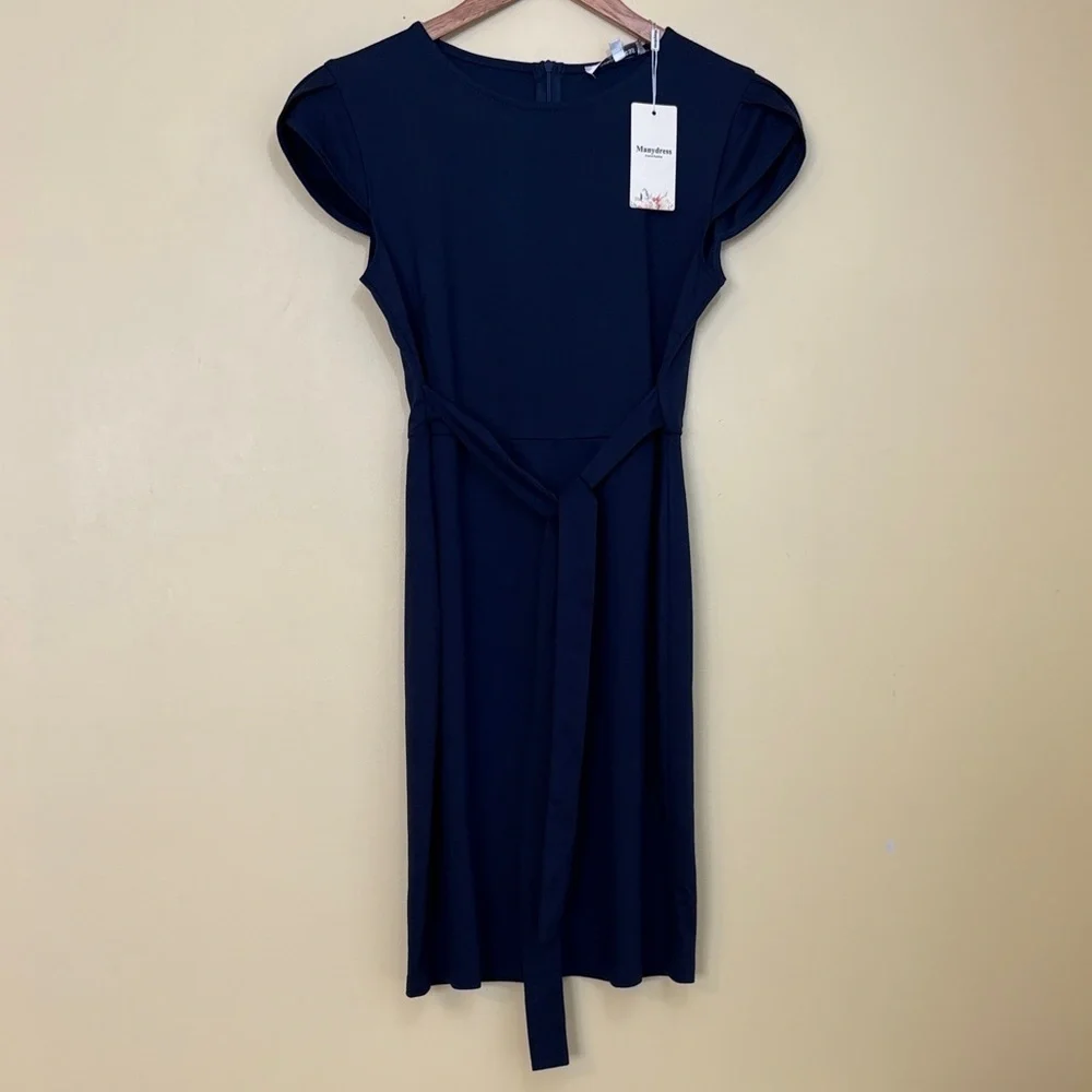 Manydress | NWT Navy Blue Cap Sleeve Belted Unlined Midi Dress Medium - Picture 3 of 14